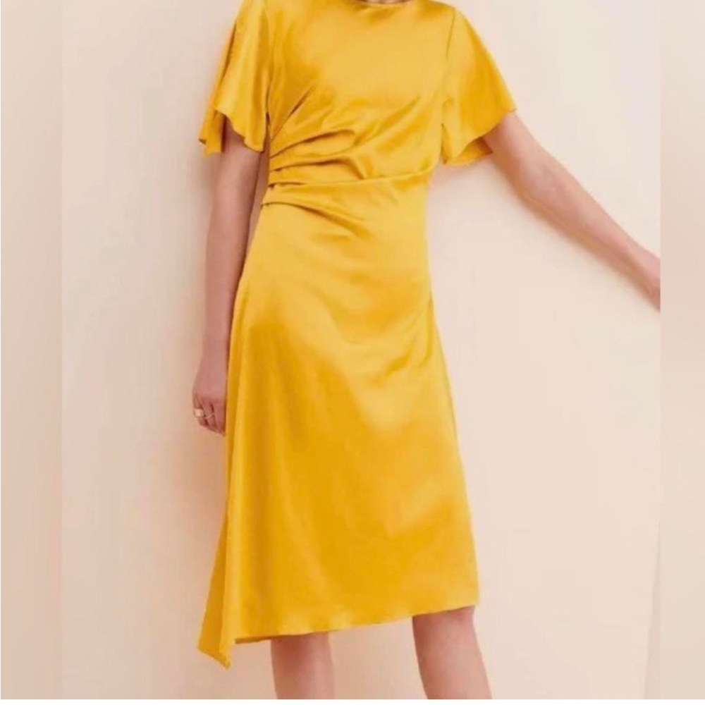 Anthropologie One Pretty Time Side Ruched Midi Dress Womens Molten Gold H13